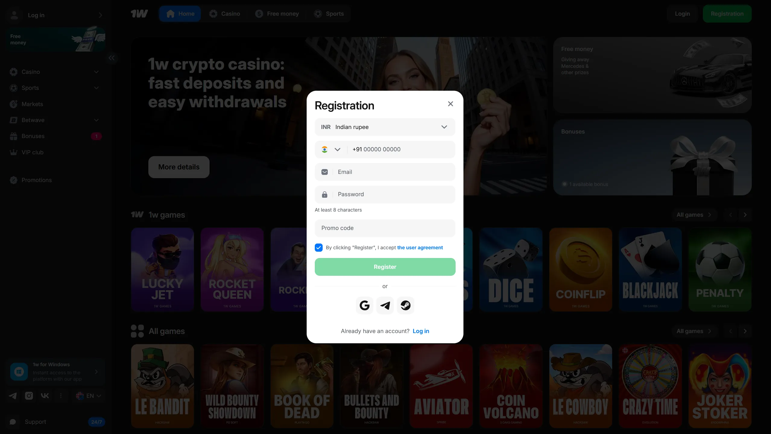 How to create an account on 1Win for login