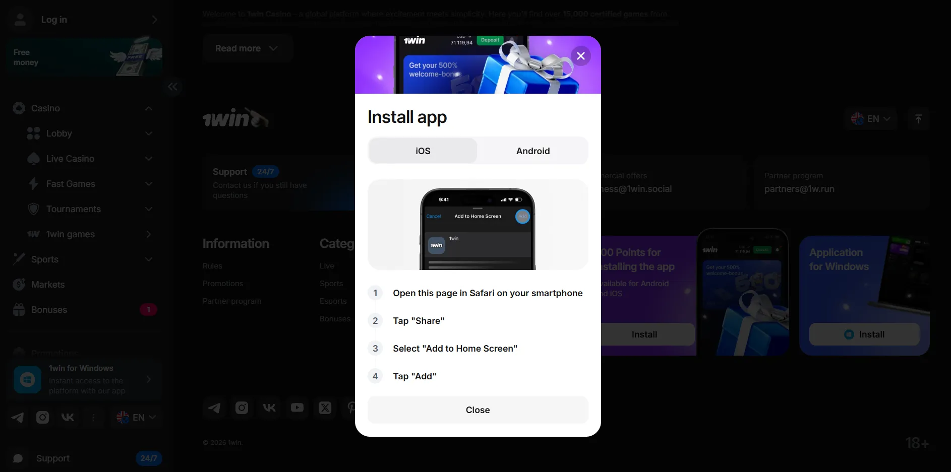 1Win app download on iOS for iPhone and iPad in India